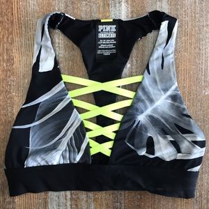 PINK Victoria’s Secret Neon Lace Up Black & White Print Sports Bra Top, XS